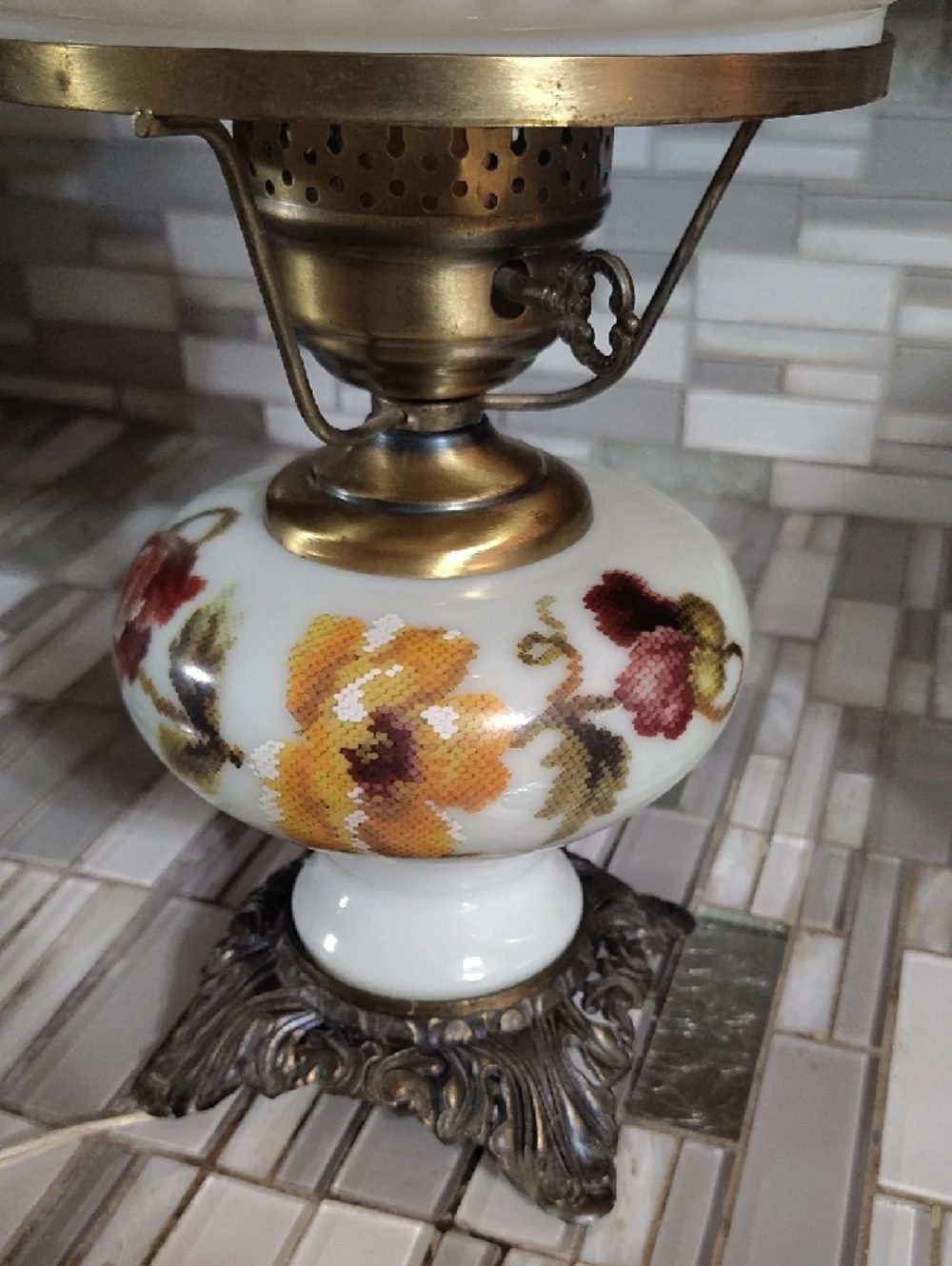 Vintage-Style White Hobnail Glass Table Lamp with Floral Base